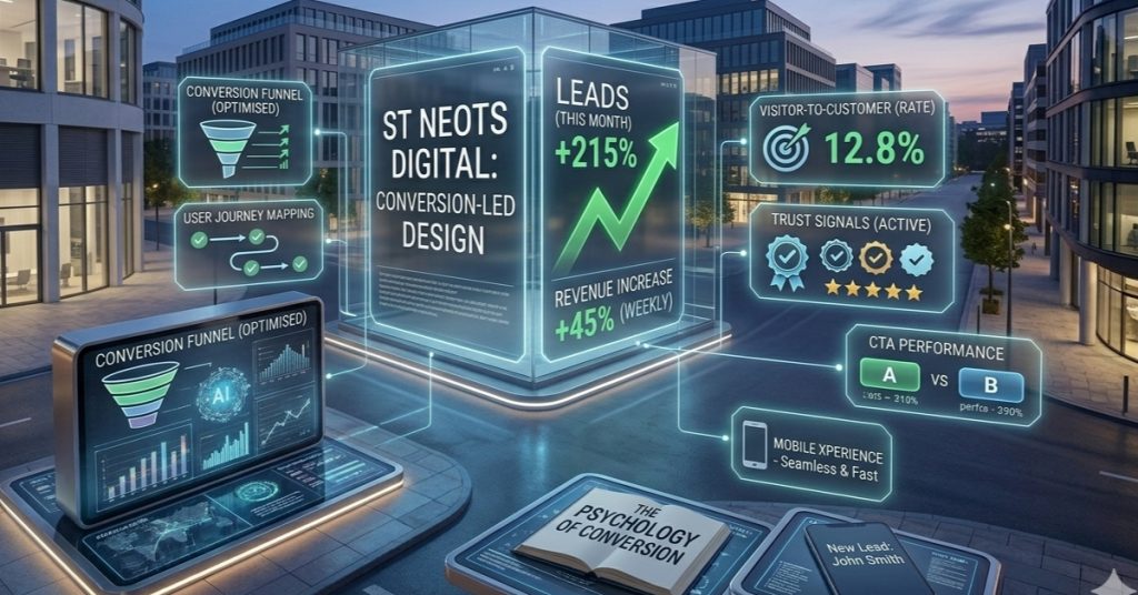 A futuristic digital dashboard displaying conversion metrics, lead growth of 215%, and user journey mapping for a St Neots business.